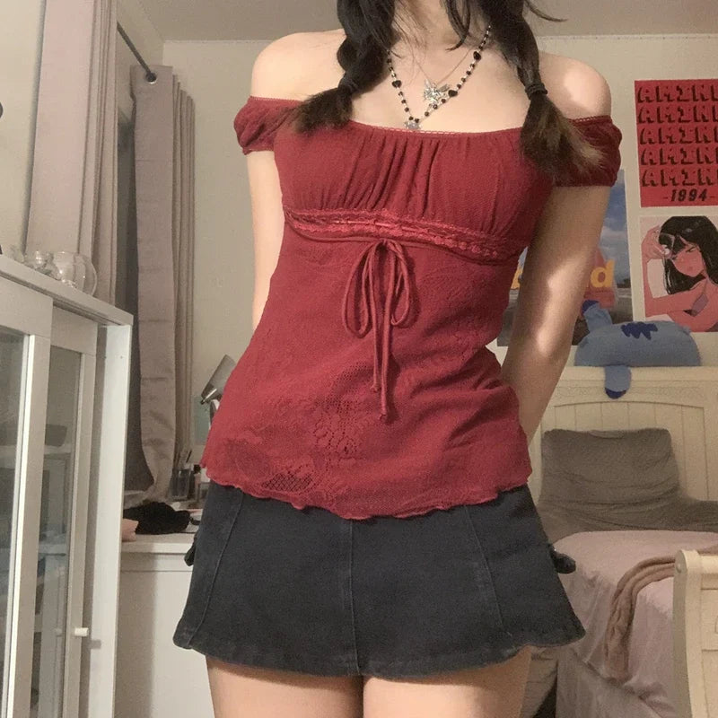 Pydshop Elegant Lady Square Collar T-shirt Kawaii Bow Short Sleeve Pullovers Tees Y2K Vintage Fairy Grunge Women Crop Top Retro Clothes