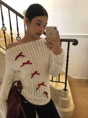 Pydshop Skew Collar Off Shoulder Knitted Tops Women 2024 Spring Autumn New Bottoming Pullovers Y2k Long Sleeve Slim Fit Sweaters