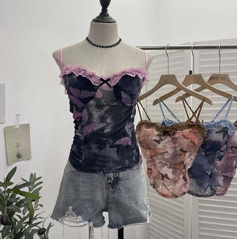 Pydshop Women Spaghetti Strap Lace Bow Slim Top Tie Dye Butterfly Print Tank Top Mesh Hot Girl Padded Tee Sexy Summer Vacation Y2K Vest