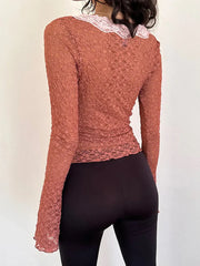 Pydshop Women  Spring Fall Lace Top Mesh See Through Long Sleeve Crop Tops Sexy Sheer Deep V Neck Floral Lace Shirt Blouse Y2K Fairy