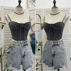 Pydshop Women  Women Sexy Chic Denim Crop Top Lace Up With Padded Adjustable Shoulder Straps Bow Short BandeauTop Summer Y2K Club Wear