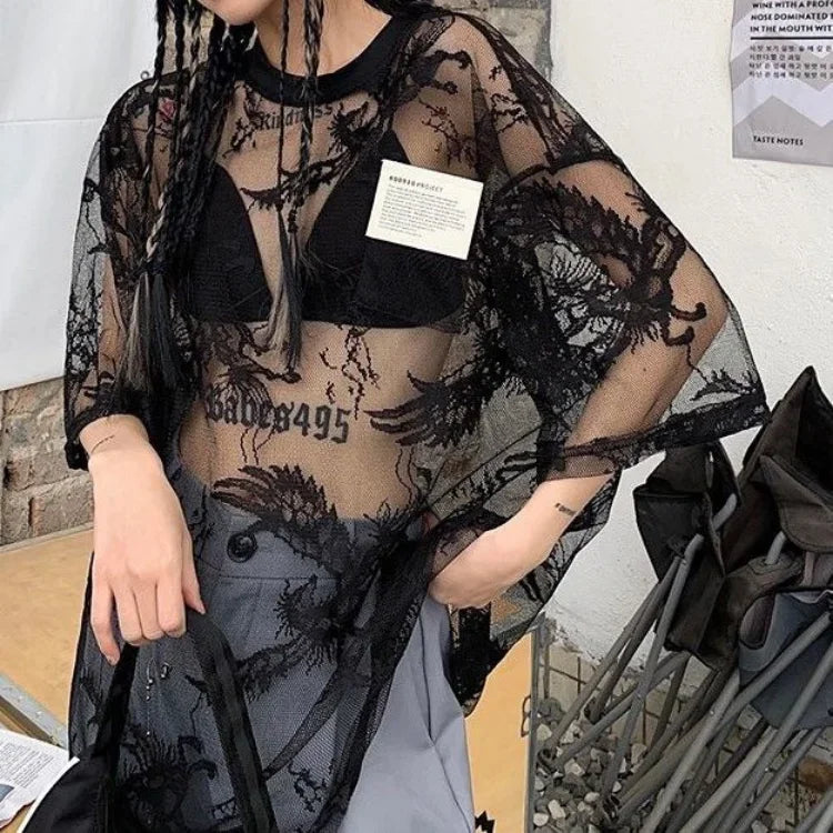 Pydshop Japanese O-neck Oversize Tee Shirt Summer Sexy See Through Mesh Lace T-shirt Y2k E-Girl Short Sleeve Bottoming Tops Women