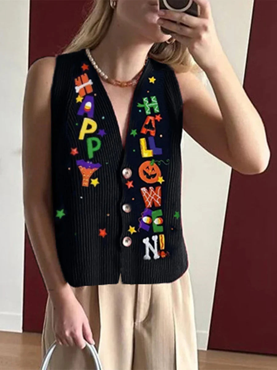Pydshop Halloween Sweater Vest for Women Vintage Embroidered Pumpkin Face Button Crochet Tank Y2K Spooky Knit Vest Tops