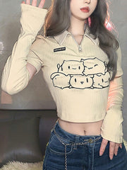 Pydshop Cartoon Print T Shirt Women Summer Lapel Detachable Long-Sleeved Crop Top Korean Style Sweet Kawaii Tops Streetwear Y2K Clothes