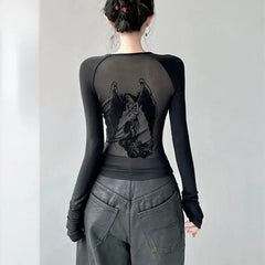 Pydshop Black Retro Angel Print T-shirt for Women 2024 Autumn Fashion Slim Fit Tee Shirt Y2k E-Girl Long Sleeve Bottoming Tops Mujer