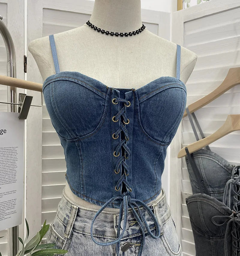 Pydshop Women  Women Sexy Chic Denim Crop Top Lace Up With Padded Adjustable Shoulder Straps Bow Short BandeauTop Summer Y2K Club Wear