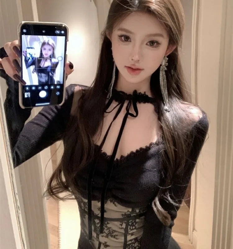 Pydshop Lace Patchwork Hollow Out Long Sleeved Knitted Tops Women Sexy Irregular Slim Fit T-shirts 2024 New  Sleeve Black Tee Shirt