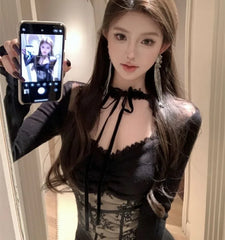 Pydshop Lace Patchwork Hollow Out Long Sleeved Knitted Tops Women Sexy Irregular Slim Fit T-shirts 2024 New  Sleeve Black Tee Shirt