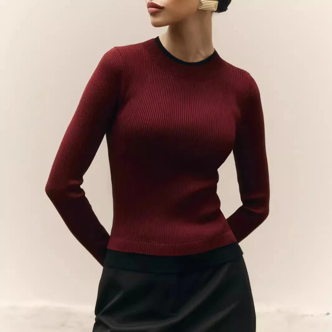 Pydshop Fall Winter Contrast Color Knitted Sweater Female Long Sleeve Thin Knitted Bottoming Stitching Rabbit Fleece Pullover Top