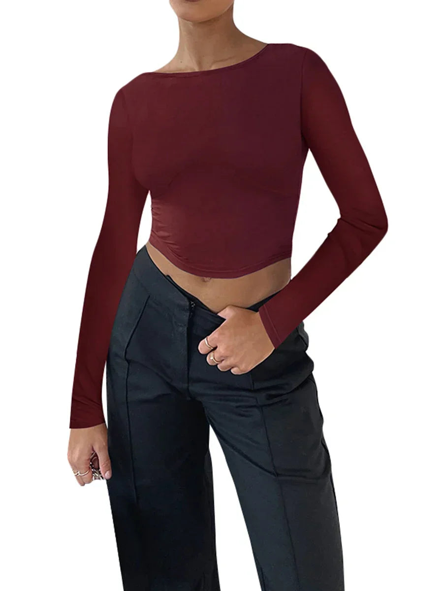 Pydshop 2024 Autumn Women Slim Fitted Long Sleeve T Shirt Casual Slim Crop Top Female Backless Tee Beach Sweat Top Streetwear