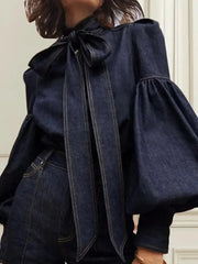 Pydshop Denim Puff Sleeve High Neck Top