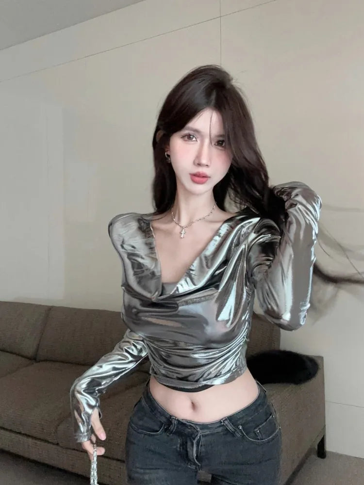 Pydshop Fashion Swing Neck Silver Long Sleeved Tops Mujer 2024 Spring Autumn New T-shirt for Women Y2k Slim Fit  Sleeve Tee Shirt