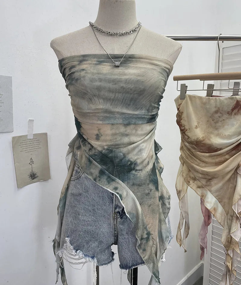 Pydshop Women's Tie Dye Ruffled Ribbon Mesh Tube Top Irregular Mesh Sleeveless Tube Top Sexy Backless Vest Party Leisure Essential Y2K