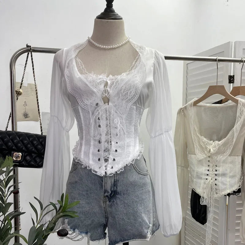 Pydshop Women Retro Lace Up Hollow Out Long Sleeve Top Sexy Slim Fitting Tie Waist Fishbone Shirt Y2K Palace Style Partyclub Streetwear
