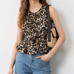 Pydshop Fashion Leopard Print Tie Front Vest for Women Y2k Cheetah Print Peplum Tank Top Ruffle Hem Sleeveless Going Out Wear