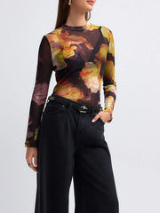 Pydshop Y2K Vintage Mesh Long Sleeve T-shirt Floral Printed Women's Clothing Crew Slim Top Blouses Harajuku  2025 Fall Spring Street Tee