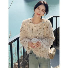 Pydshop Korean Chic Sequin Tassel Sweaters Mujer 2024 Autumn New O-neck Plush Knitted Pullover Y2k E-Girl Long Sleeve Tops Women
