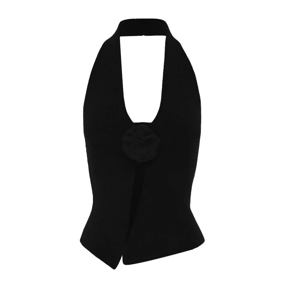 Pydshop Halter Neck Sleeveless 3D Flower Solid Crop Top