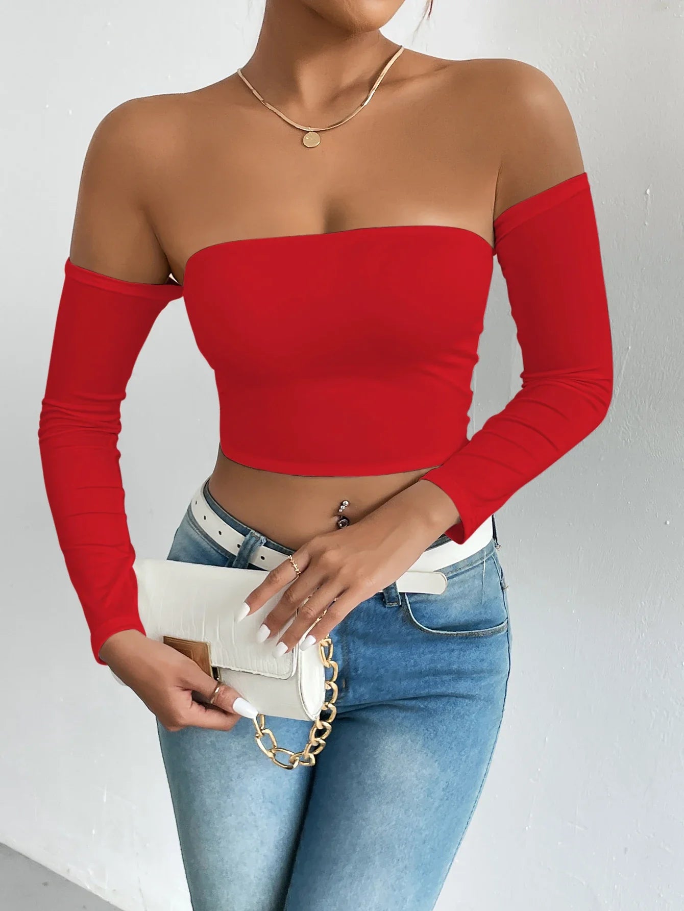 Pydshop Off Shoulder Crop T-Shirt, Casual Long Sleeve Top For Spring & Fall, Women's Clothing