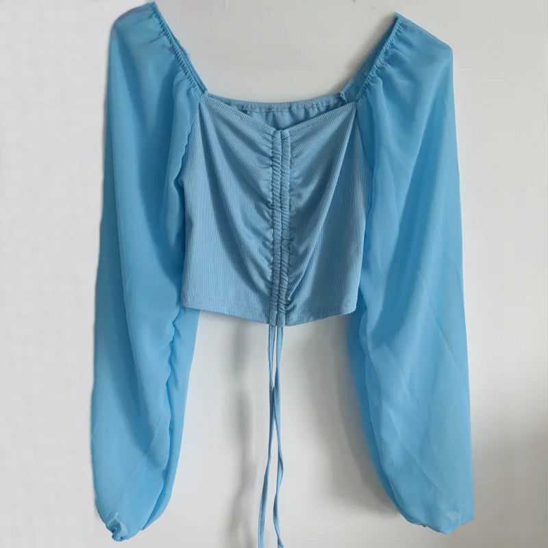 Pydshop Horetong Women's Sexy V-neck Off-Shoulder Blouses Summer Drawstring Bandage Long Sleeve Tops Ladies Korean Fashion Short Clothes