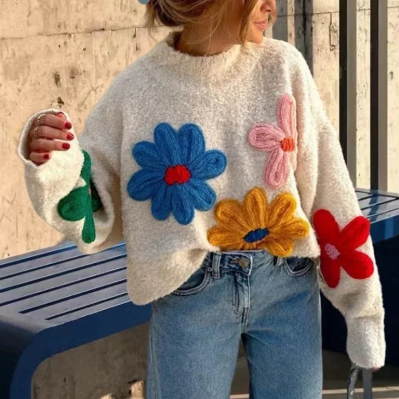 Pydshop Crochet Flower Pullover Knitted Sweater Women's Fashion Loose Lantern Long Sleeve Embroidery Knit Top Streetwear Fashion