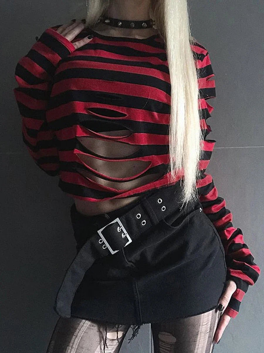 Pydshop Women Goth Punk Long Sleeve Crewneck Striped T Shirt Y2k Grunge Cutout Crop Tops Halloween Christmas Pullover Top