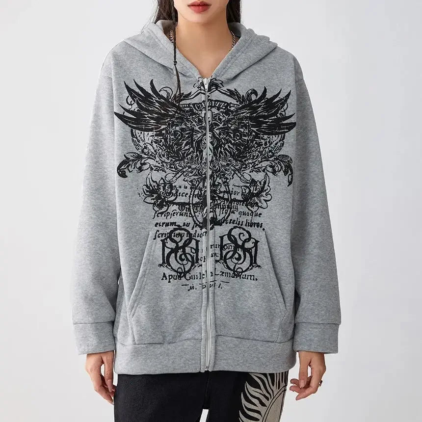 Pydshop hirigin Gothic Sweatshirt Women y2k Clothes Graphic Print Zip Up Long Sleeve Tops with Pockets Fairy Grunge Hoodie Streetwear