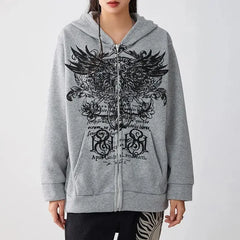 Pydshop hirigin Gothic Sweatshirt Women y2k Clothes Graphic Print Zip Up Long Sleeve Tops with Pockets Fairy Grunge Hoodie Streetwear