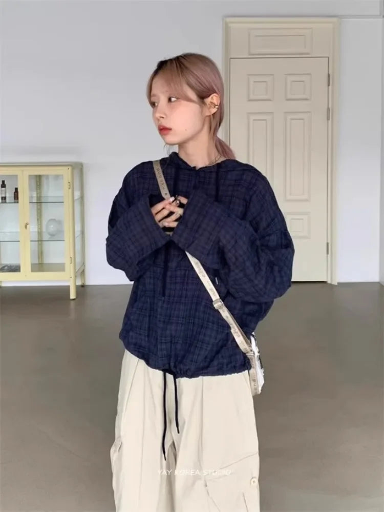 Pydshop Korean Retro Plaid Drawstring Hoodie Button Tops Women 2024 Autumn New Loose Blouses Y2k Grunge Long Sleeve Blusas Mujer Shirt