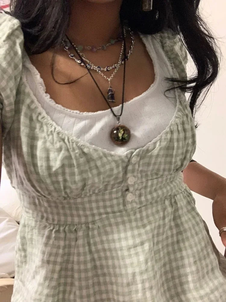Pydshop Gingham Crop Top Women Fairy Grunge Lace Trim Short Sleeve Shirt Y2k Aesthetic Square Neck T-Shirt 90s Vintage Shirt Streetwear