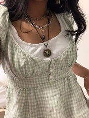 Pydshop Gingham Crop Top Women Fairy Grunge Lace Trim Short Sleeve Shirt Y2k Aesthetic Square Neck T-Shirt 90s Vintage Shirt Streetwear