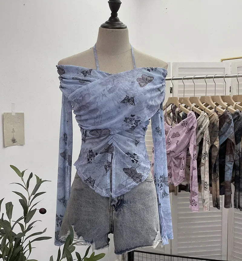 Pydshop Wome Sexy See Through One Shoulder Lace Up Halterneck Long Sleeve Top Slim Fit Cross Pleat Slit Short Top Y2k Club Streetwear