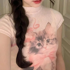 Pydshop Fashion Sweet Cute Cat Print O-neck Pink T-shirts Y2k Grunge Slim Fit Tops Women 2024 Summer New Short Sleeve Tee Shirt