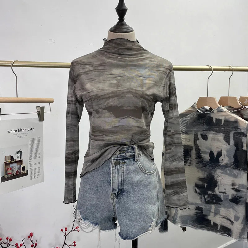 Pydshop Women Wavy Edge Half-High Collar Mesh Blended Long Sleeve Top Thin Inner Bottoming Layering Shirt Y2k Essential Streetwear8921