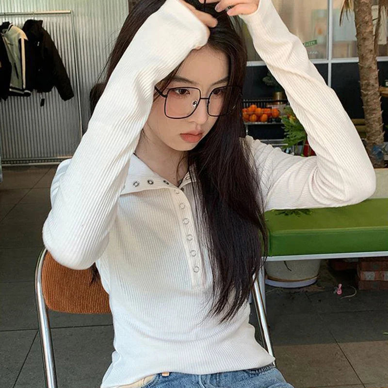 Pydshop Button Up Women's Knitted Sweater Y2K Long Sleeve Slim Fit Pullovers for Women Autumn Winter All Match Bottoming Tops