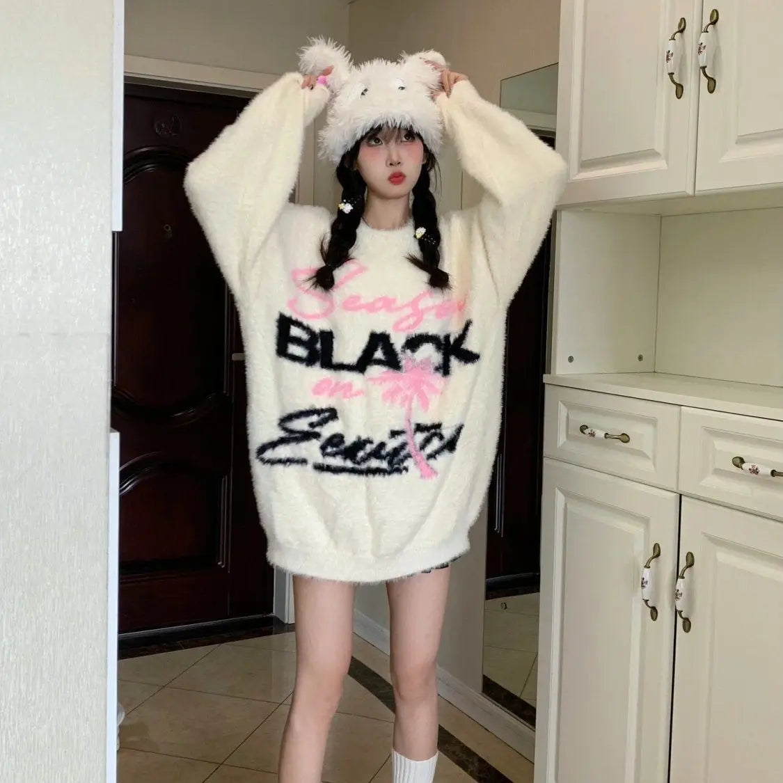 Pydshop  -  Oversized Sweater Women Winter Letter Jacquard Knit Sweater Thickened Casual Top Y2k Clothes O-Neck Sweater Mujer Fairy Grunge