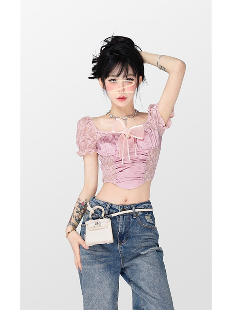 Graduation Gift Summer Women's Wear Blouse Korean Lace Pink Women Shirt 2023 New Short Sleeve Lace Satin Panel Shirts Sexy Female Cropped Tops
