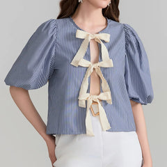 Pydshop Y2k Women Short Puff Sleeve Shirts Striped Bow Tie Front Open Crop Tops Ruffle Cute Teen Girl Lace Up Blouse