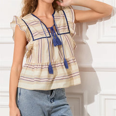 Pydshop Women y2k Vintage Ruffles Sleeve Shirts Floral Print/Stripe Tassel Tie-Up Fashion Blouses Summer Casual Tops