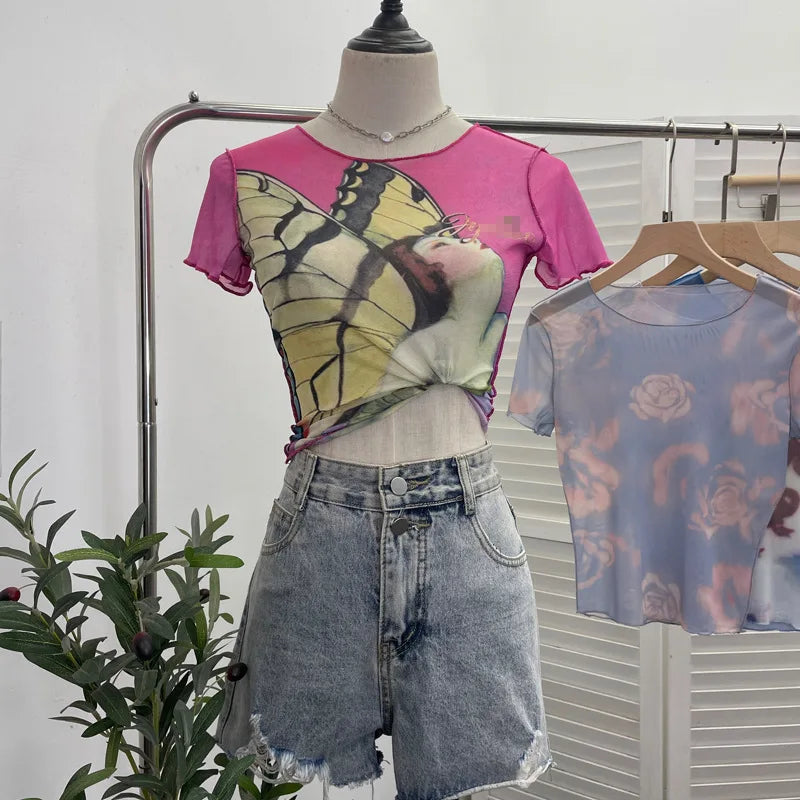 Pydshop Women's 2024 Retro Thin Mesh Butterfly Print Slim Short Sleeve T-Shirt Women's Summer Short Hot Girl Top Holiday Mini Summer Tee