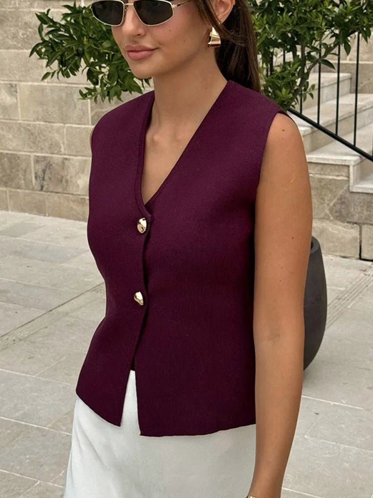 Pydshop Gold Buttons Knitted Tank Top For Women Fashion Solid Sleeveless Slim Fit Knitting Vest Cardigan Autumn New High Street Knitwear