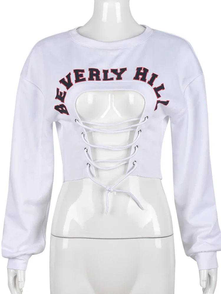 Pydshop Autumn Pullover Sweatshirts Women O-Neck Hollow Out Sexy Bandage Sweatshirt Hot High Street Casual Y2K Tops Hoodies