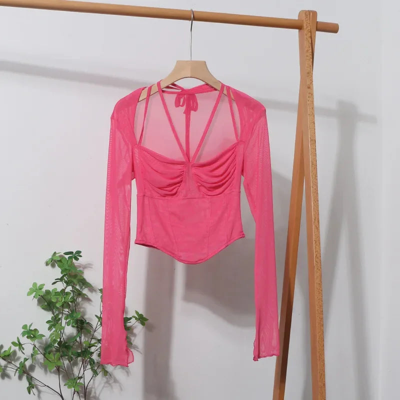 Pydshop Women Square Neck Tie Halter Mesh See Through Long Sleeve T-shirt Sexy Lce Up Slim Fit Short Slit Cuff Top PartyClub Streetwear