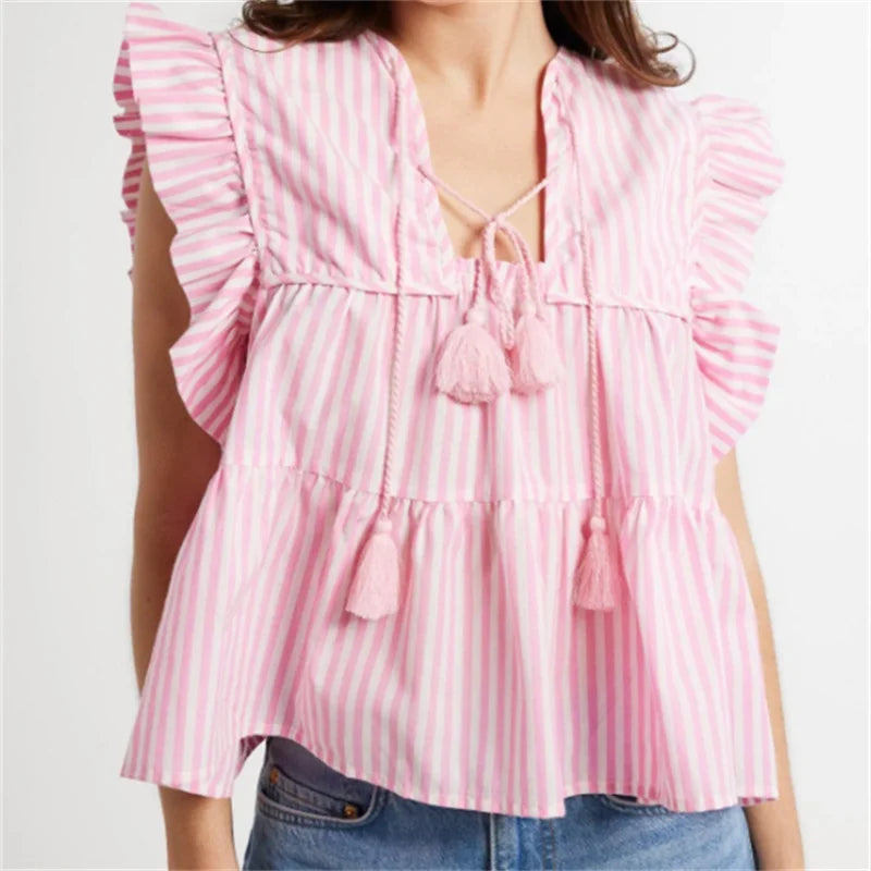 Pydshop Women Boho Tie Front Peplum Top Stripe Floral Print Flowy Fringe Sleeve Ruffle Crop Top Babydoll Blouse Tee Shirt Party Clubwear