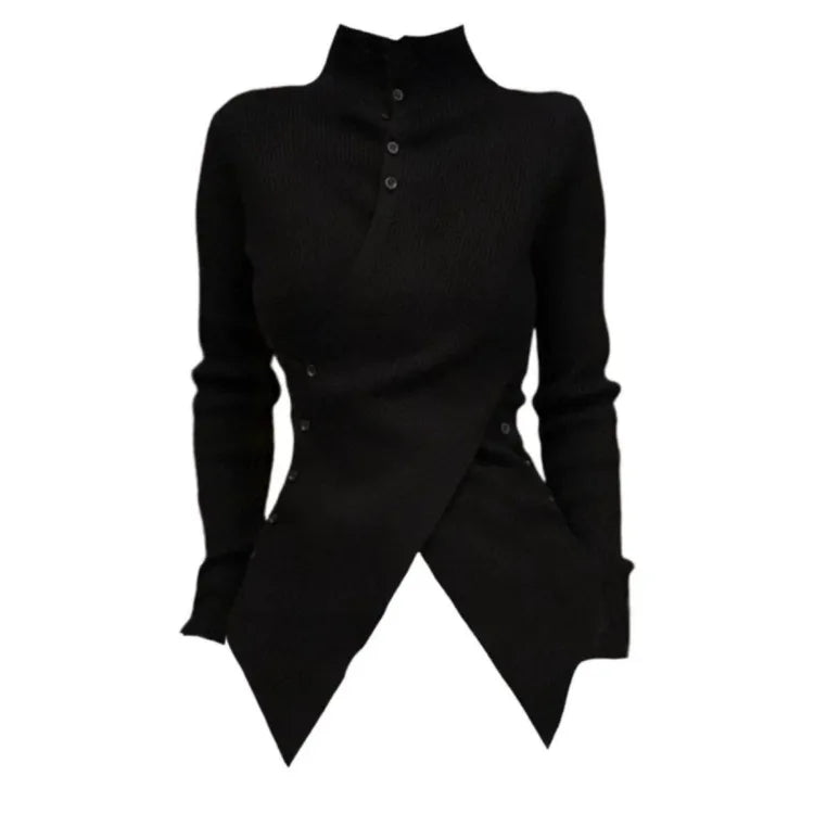 Pydshop Oversize Irregular Slim Fit Bottoming Sweaters Simple Black Turtleneck Knitted Tops Women 2024 Autumn New Long Sleeve Cardigan