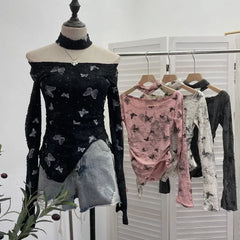 Pydshop Women's Retro Pink Butterfly Halter Distressed Distressed Long Sleeve T-Shirt Hot Girl Skew Collar One-Line Collar Slim Fit Top