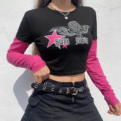 Pydshop Street Goth Rock Retro Harajuku Punk Star Print Rundhalspullover Kurzarm Kurzer Nabel Hohe Taille Top Damenbekleidung Y2K