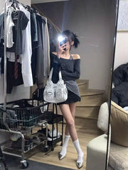 Pydshop Sweet Gray Off Shoulder Sweaters Mujer Y2k Long Sleeve Tops Womn+ Irregular Slim Fit Halter Vest Spring Autumn Two Piece Sets