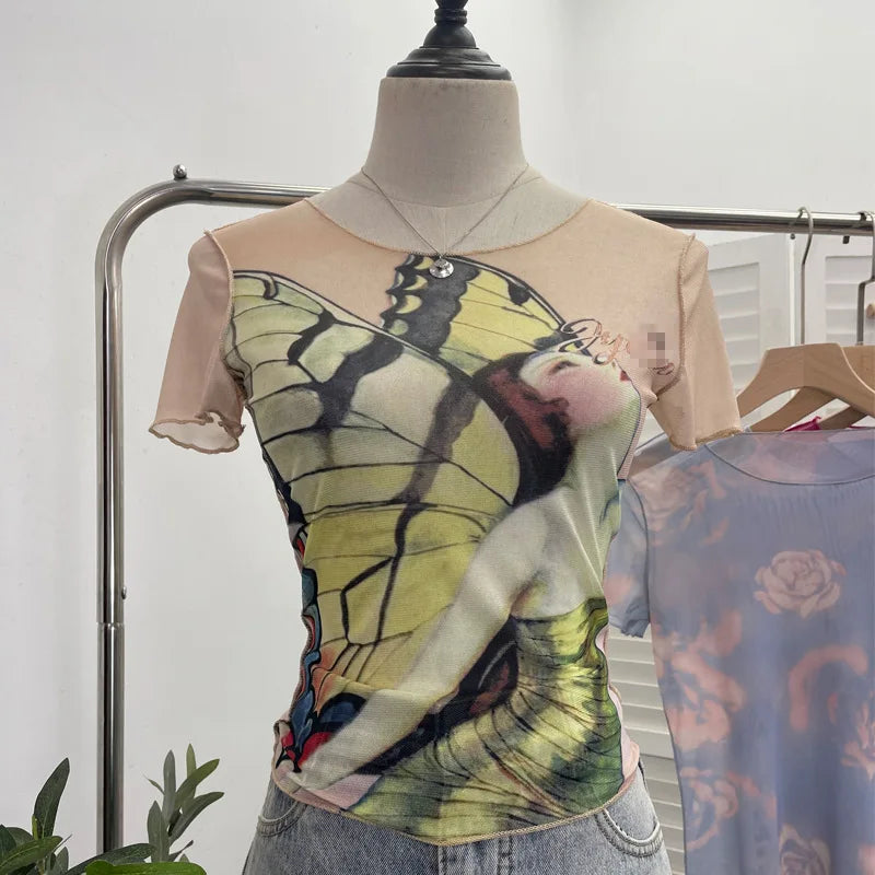 Pydshop Women's 2024 Retro Thin Mesh Butterfly Print Slim Short Sleeve T-Shirt Women's Summer Short Hot Girl Top Holiday Mini Summer Tee