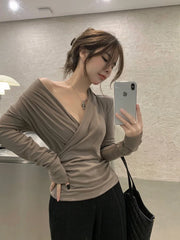 Pydshop Cross V-neck Pleated Bottom T-shirt For Women's Spring New Slim Fit And Slimming Temperament Long Sleeve Shirt Women Top 339Q